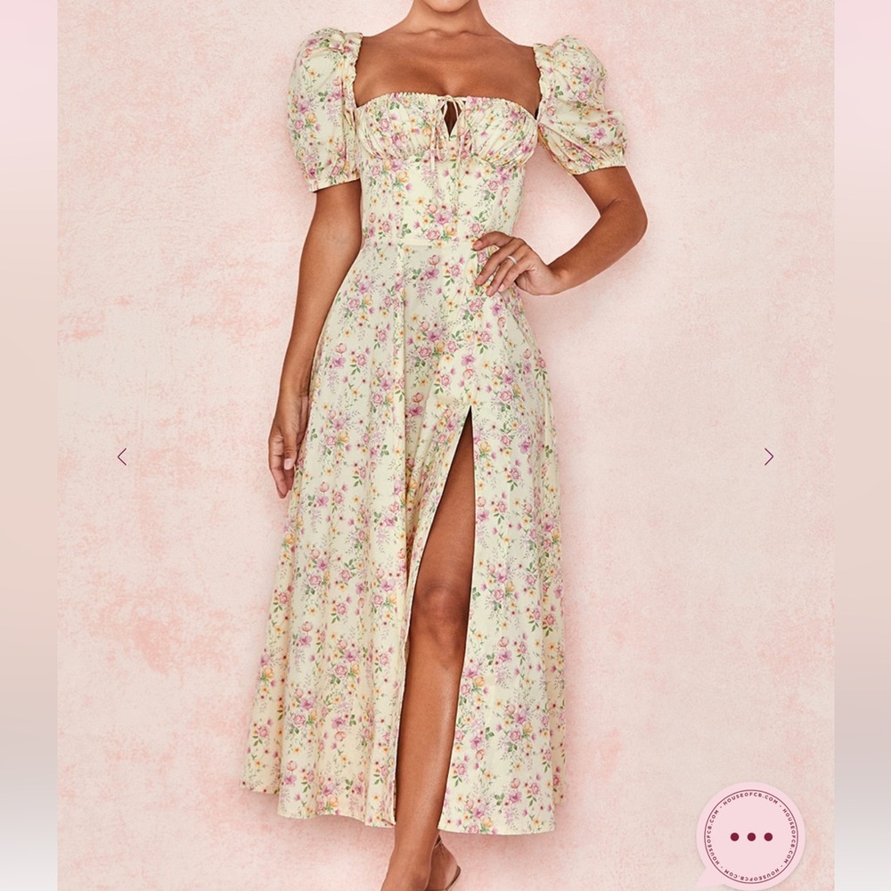 House of CB Tallulah Lemon Floral Puff Sleeve Midi Sundress NWT